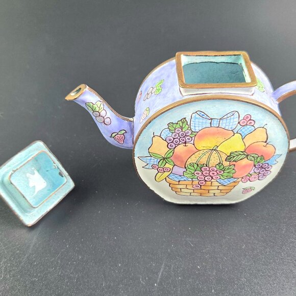 Miniature Enameled Teapot – Fruit Basket Design – 3.5" Tall - Picture 3 of 9